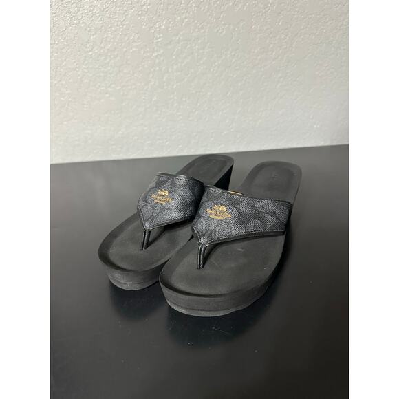Coach Janice Women 7.5B Black Signature Slip-On Wedge Sandals Preppy Resort Trip - Picture 9 of 10